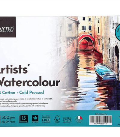 BRUSTRO Artist Watercolour Pad 25% Cotton 300 GSM A4 Wiro - 15 Sheets