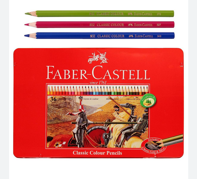 Faber Castell Classic Color Pencils Flat Tin Case 36 Color School,Eco pencil for professionals include classic gold