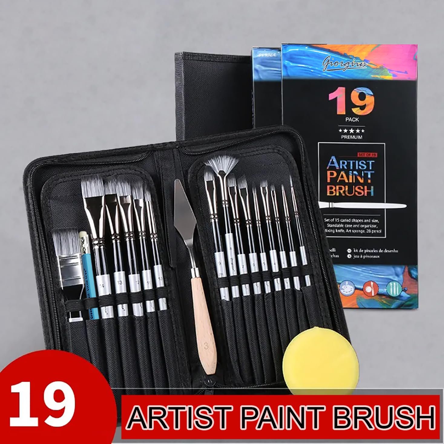 Giorgius 19 Pcs Artist Paint Brush Set with Zipper Carrying Case Mixing Scarper, Sponge and Pencil for Acrylic, Oil, Watercolor and Gouache Painting
