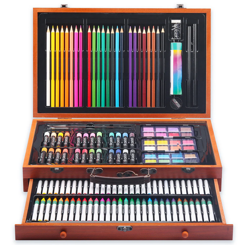 KALOUR Drawing Stationery 142 Pieces Wooden Box Children's Painting Set Oil Pastel Crayons Pencil Set Art Supplies