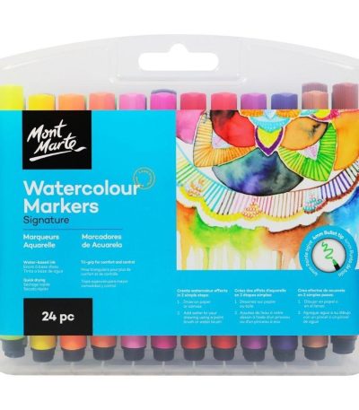Mont Marte Watercolour Markers | 24 vibrant colours 4mm point Fast flowing ink Quick drying